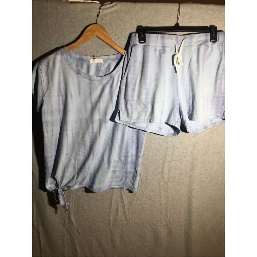 Womens Beachlunchlounge Lounge Set Shorts Shirt Blue Pastel Tie Dye Casual
